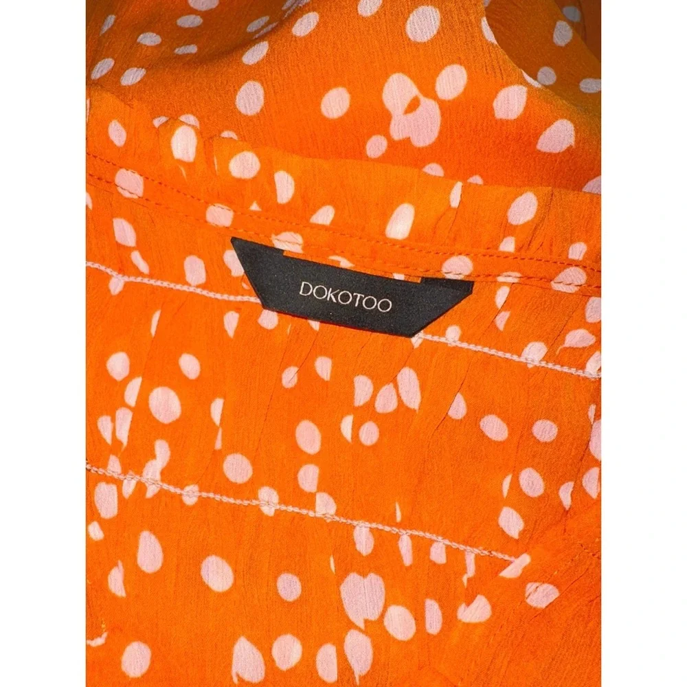 Dokotoo Orange Pleated Long Sleeve V Neck Smocked Printed Chiffon Blouse - Picture 6 of 8